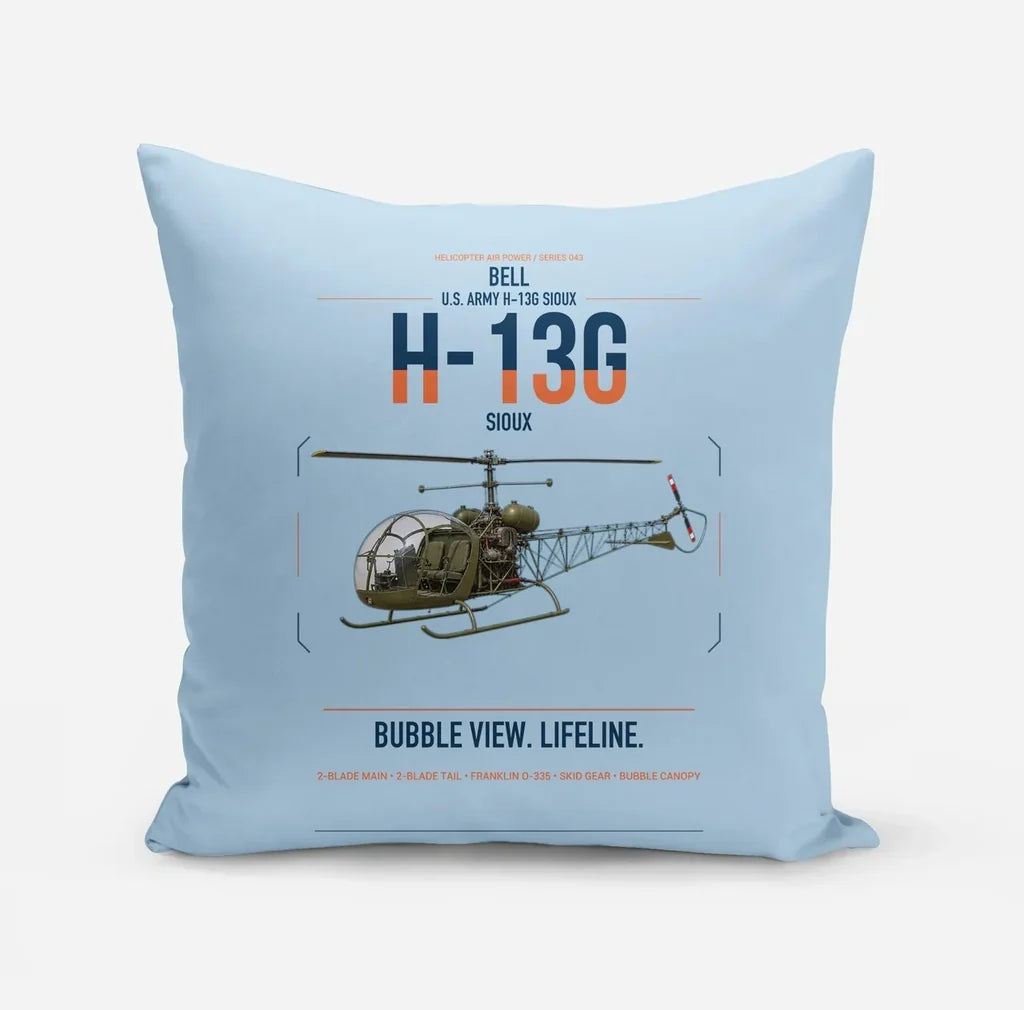 Bell H-13G Sioux design on light blue pillow