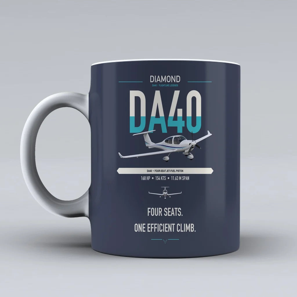 Diamond DA40 design on dark blue ceramic mug, double-side print