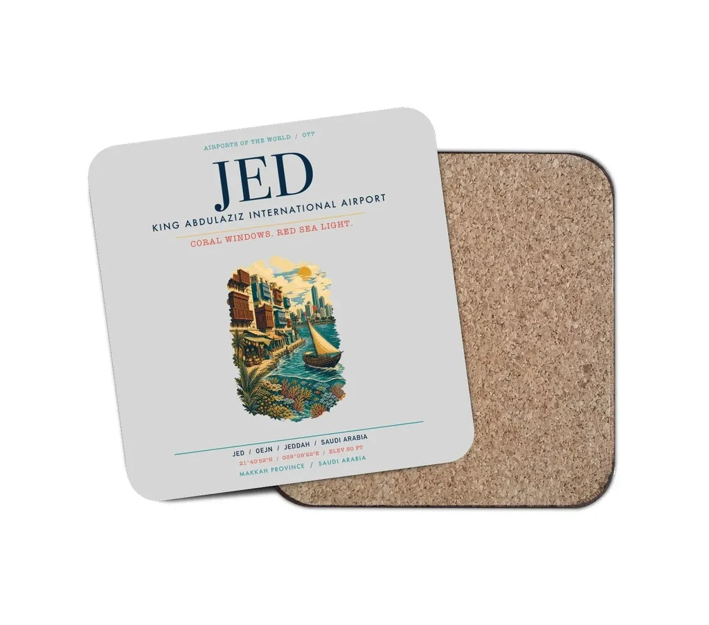 Jeddah King Abdulaziz International Airport (JED) design on light gray 1 piece coaster