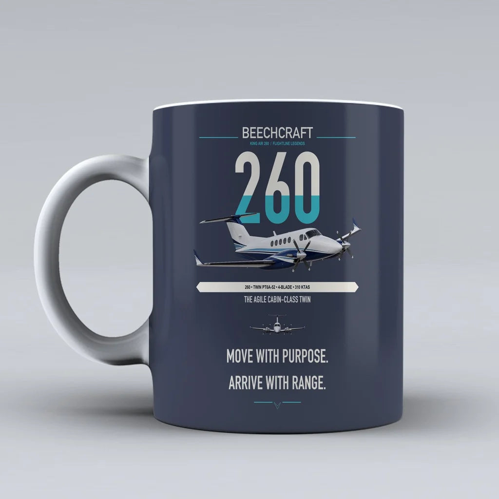 Beechcraft King Air 260 design on dark blue ceramic mug, double-side print