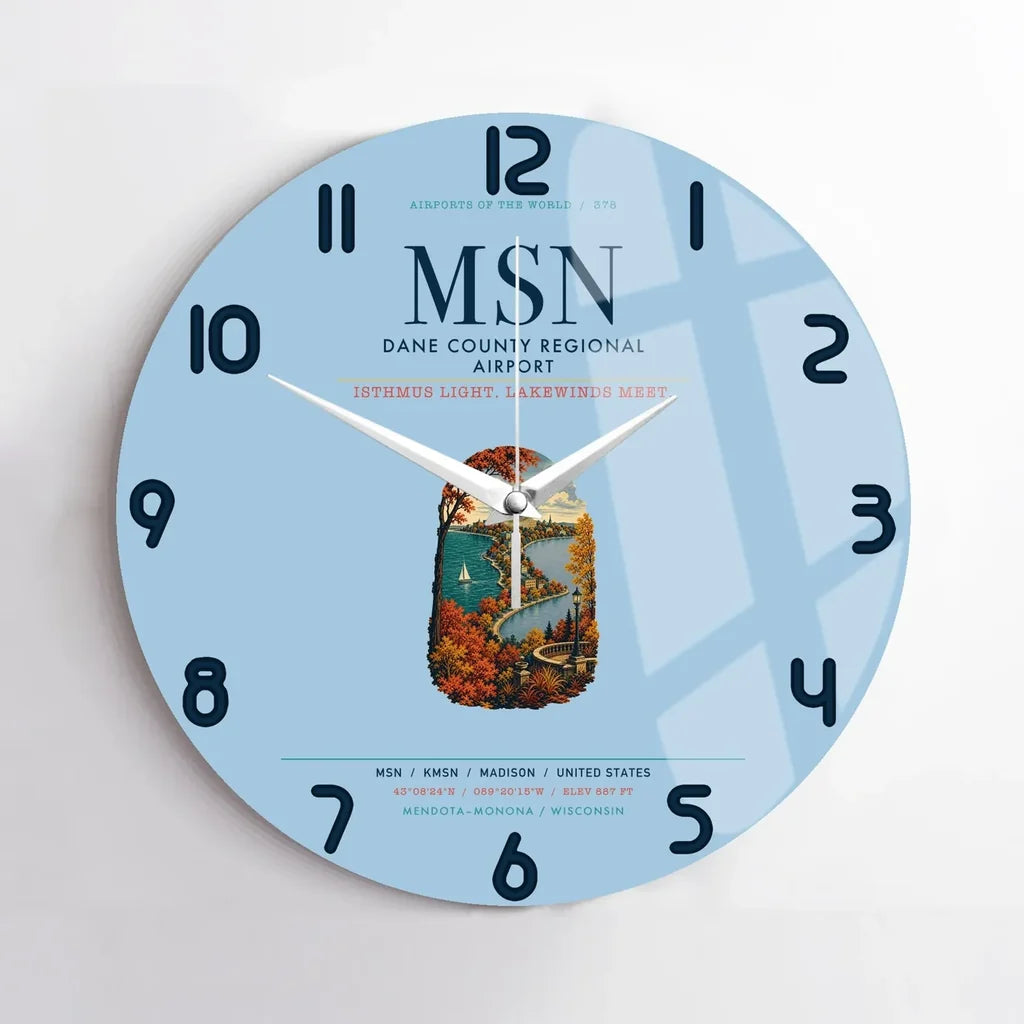 Dane County Regional Airport Madison (MSN) design on light blue no frame wall clock