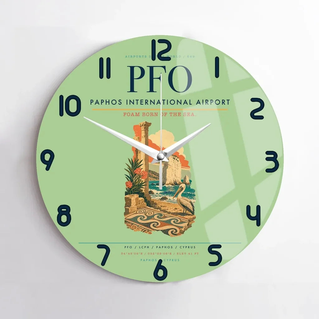 Paphos International Airport (PFO) design on light green no frame wall clock