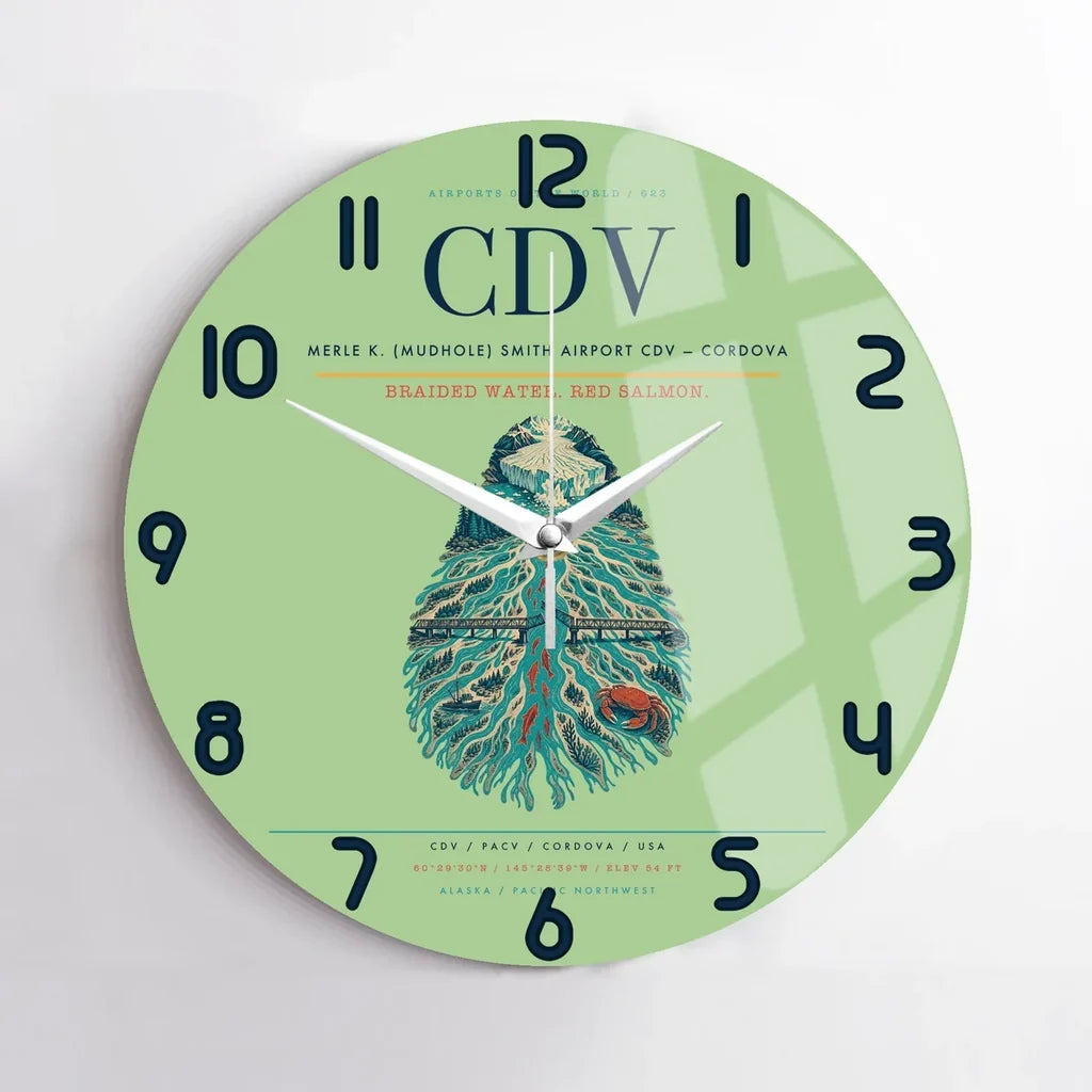 Merle K. (Mudhole) Smith Airport (CDV) design on light green no frame wall clock