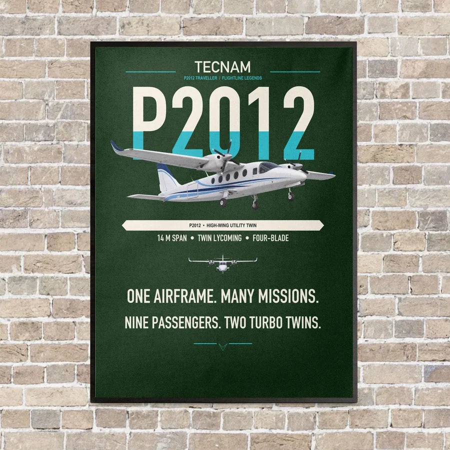 Tecnam P2012 Traveller vertical canvas print - framed - dark green background