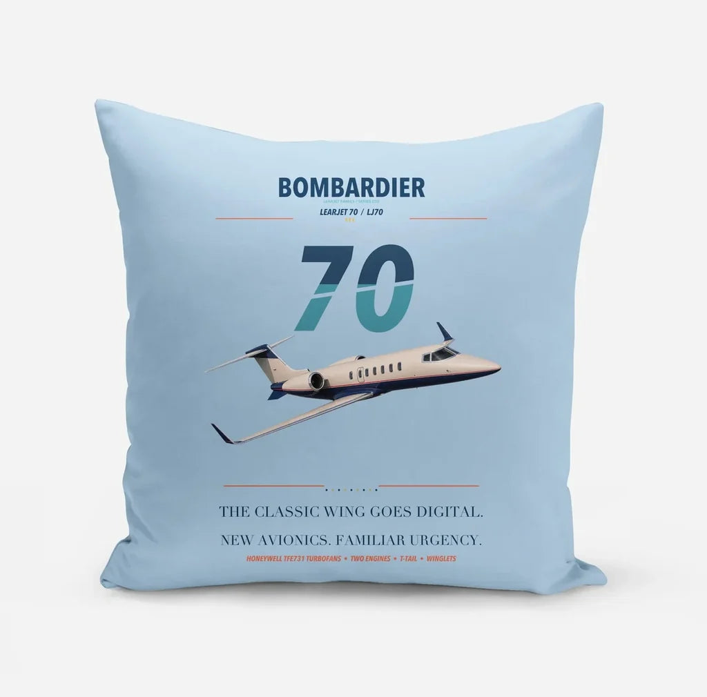 Bombardier Learjet 70 design on light blue pillow