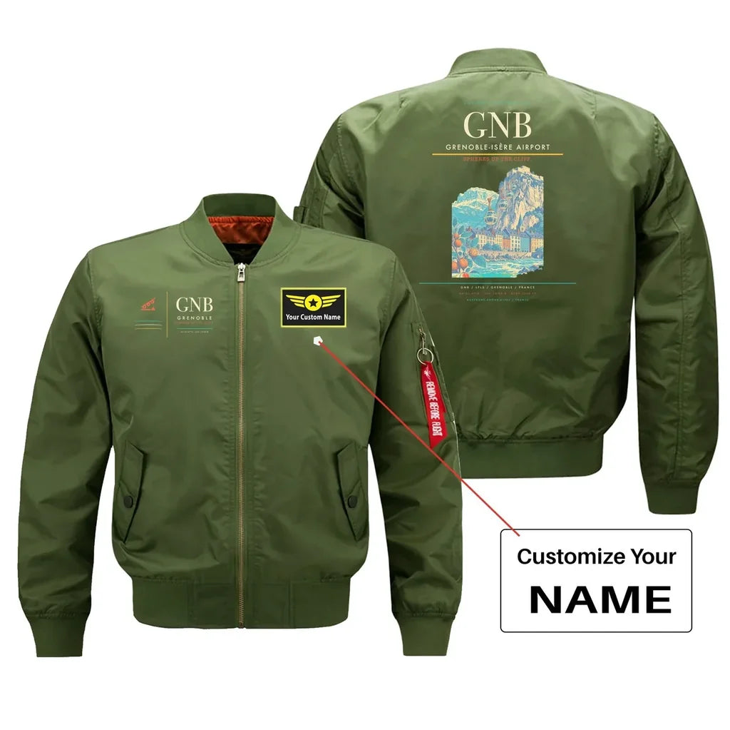 Grenoble-Isère Airport (GNB) design on green bomber jacket with custom name patch