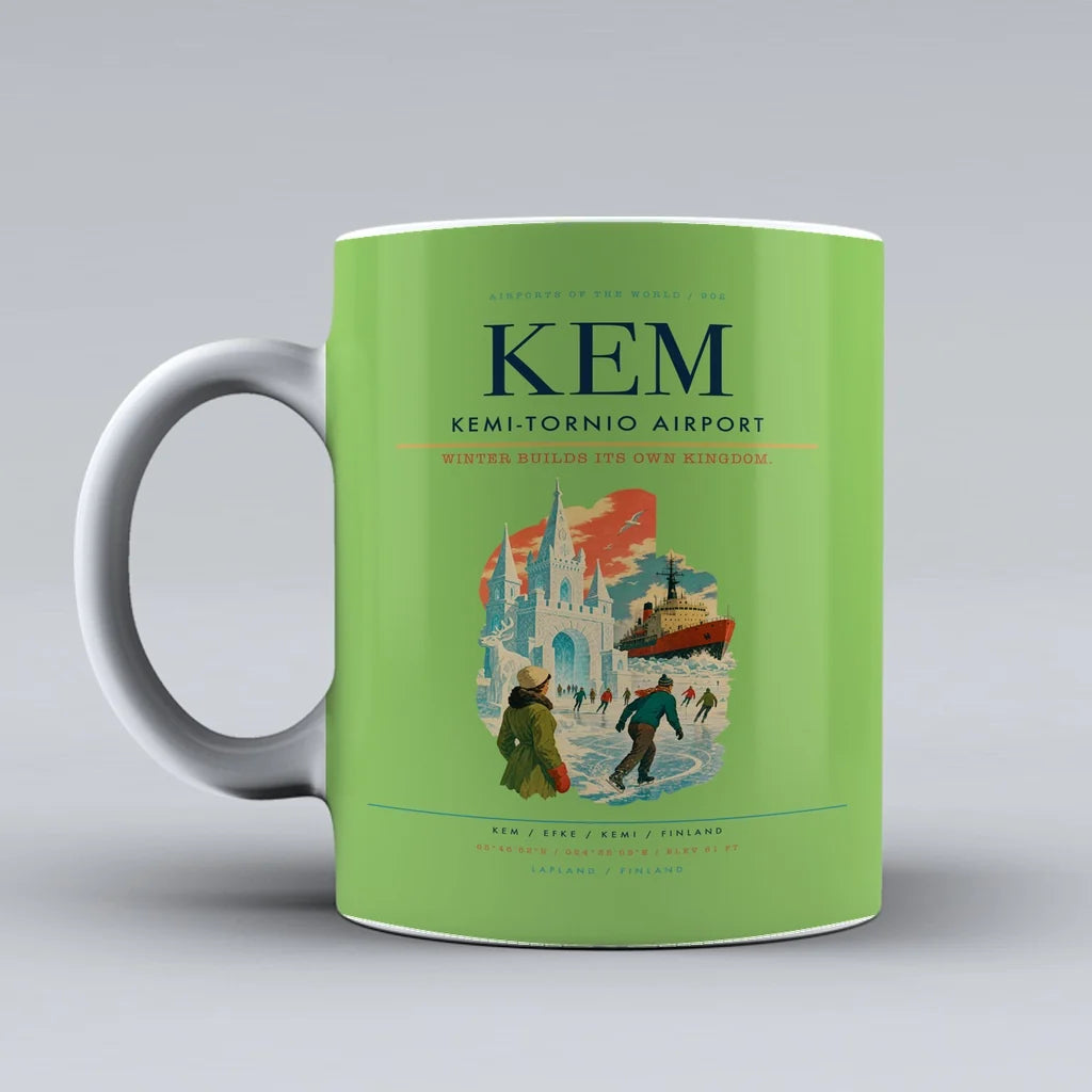 Kemi-Tornio Airport (KEM) airport code design on light green ceramic mug