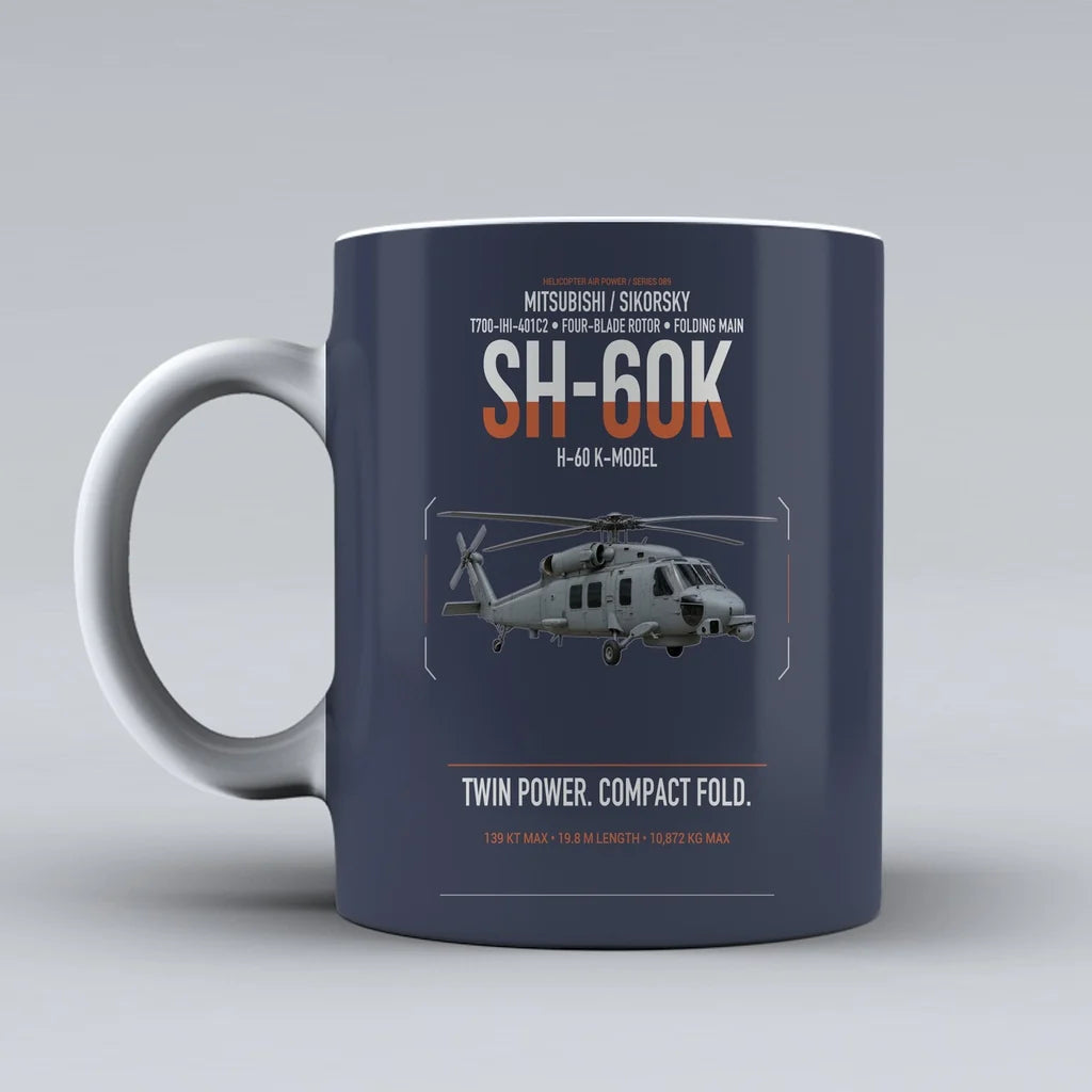 Mitsubishi Sikorsky SH-60K design on dark blue ceramic mug, double-side print