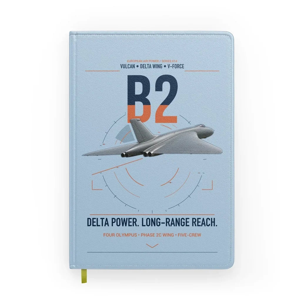 Avro Vulcan B2 design on light blue notebook