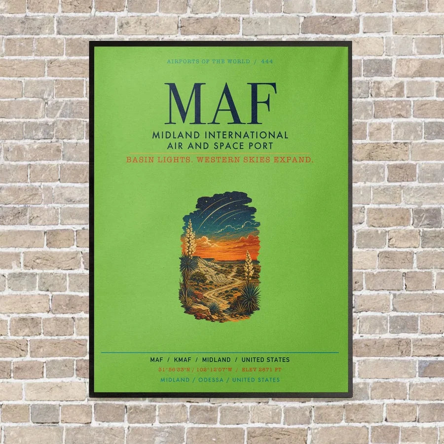 Midland International Air and Space Port MAF vertical canvas print - framed - light green background