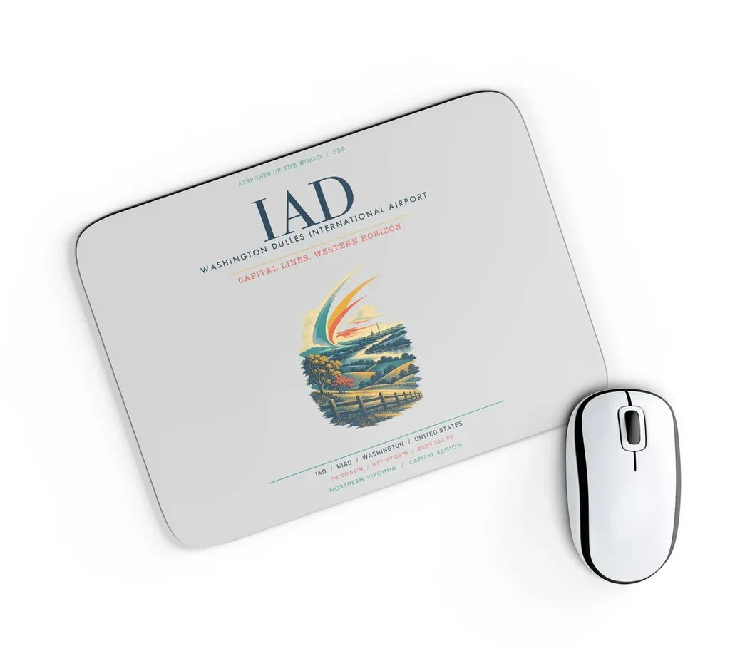 Washington Dulles International Airport (IAD) design on light gray rectangle mouse pad