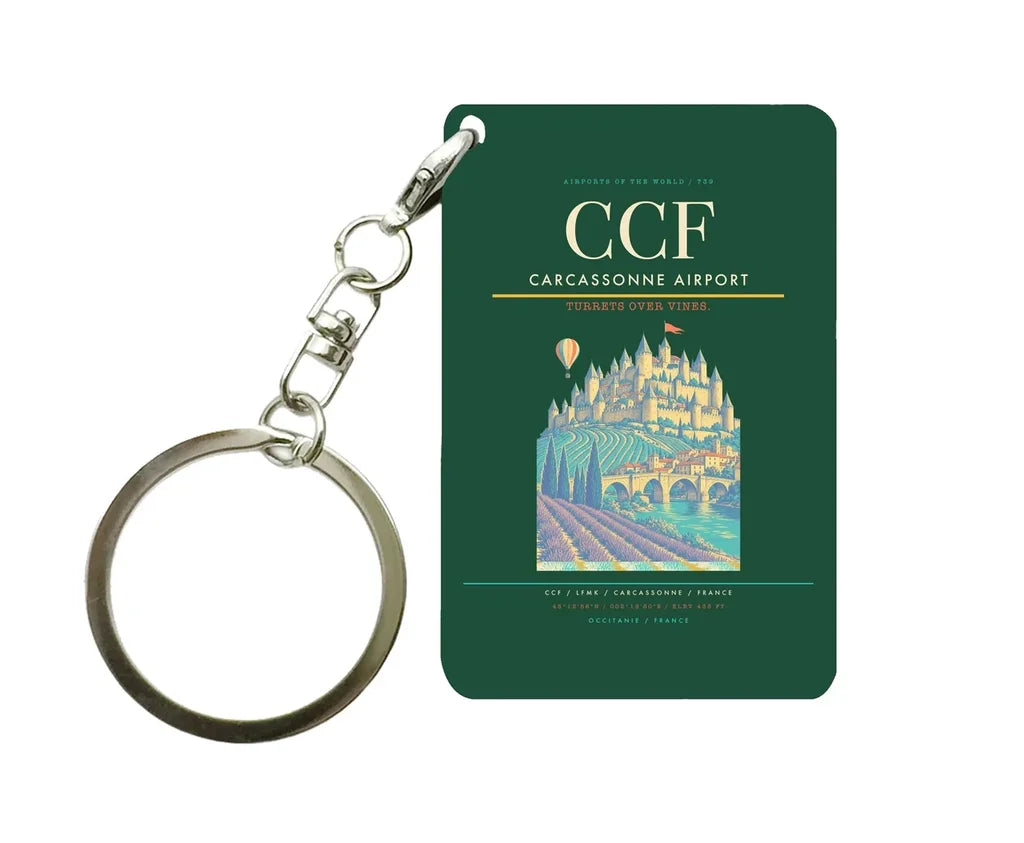 Carcassonne Airport (CCF) design on dark green key chain