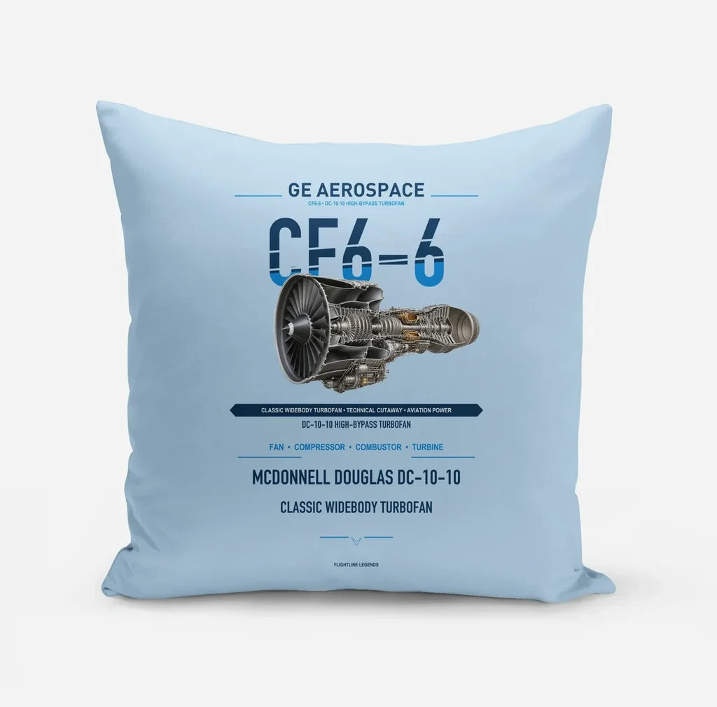 CF6-6 design on light blue pillow