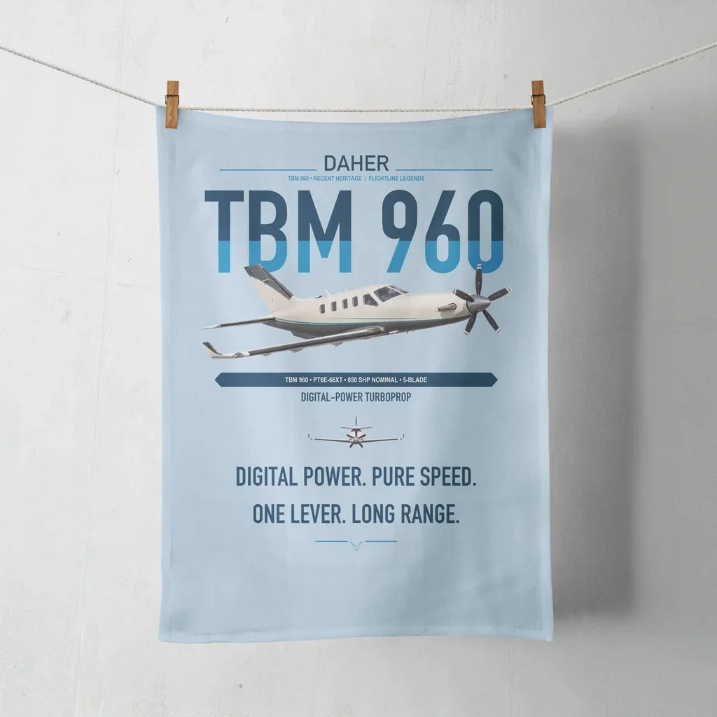 Daher TBM 960 design on light blue towel