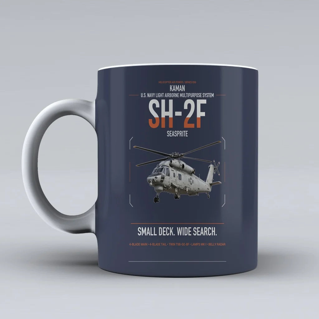 Kaman SH-2F Seasprite design on dark blue ceramic mug, double-side print