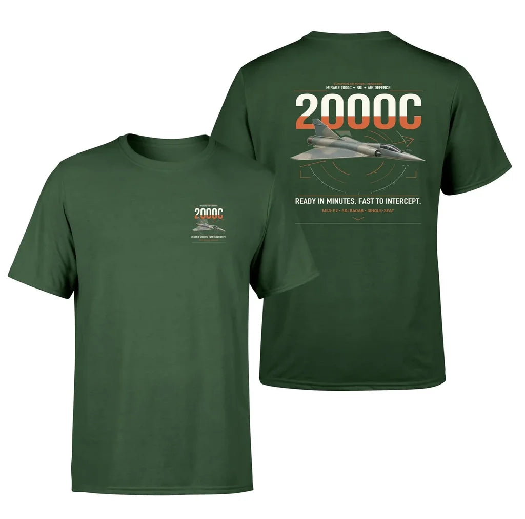 Dassault Mirage 2000C RDI design on dark green t-shirt, double-side print