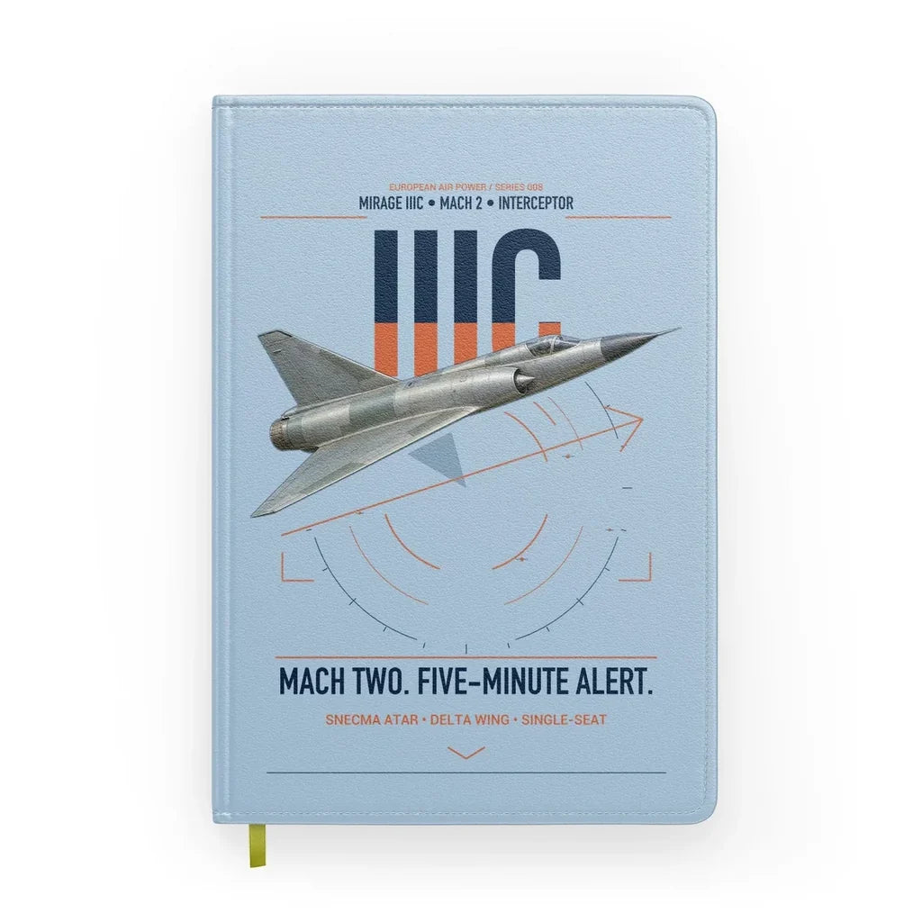 Dassault Mirage IIIC design on light blue notebook