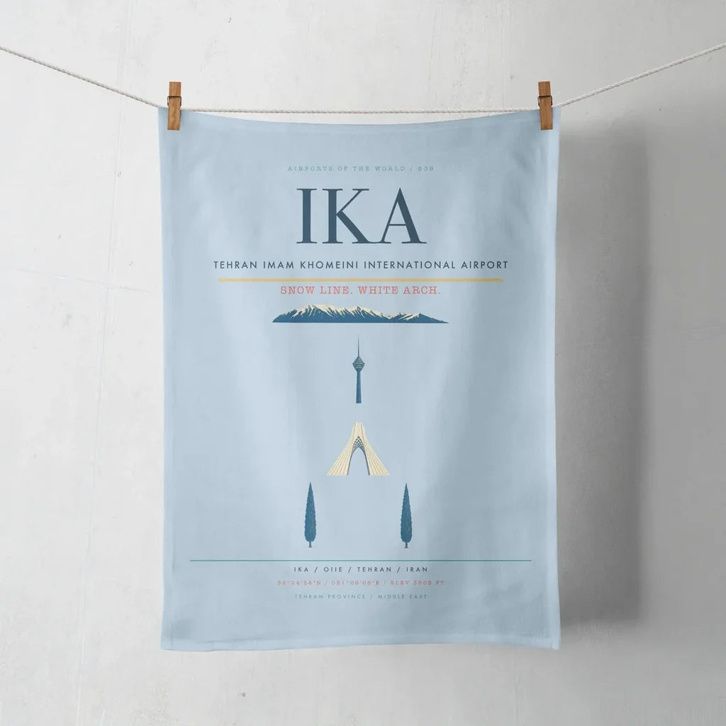 Tehran Imam Khomeini International Airport (IKA) design on light blue towel