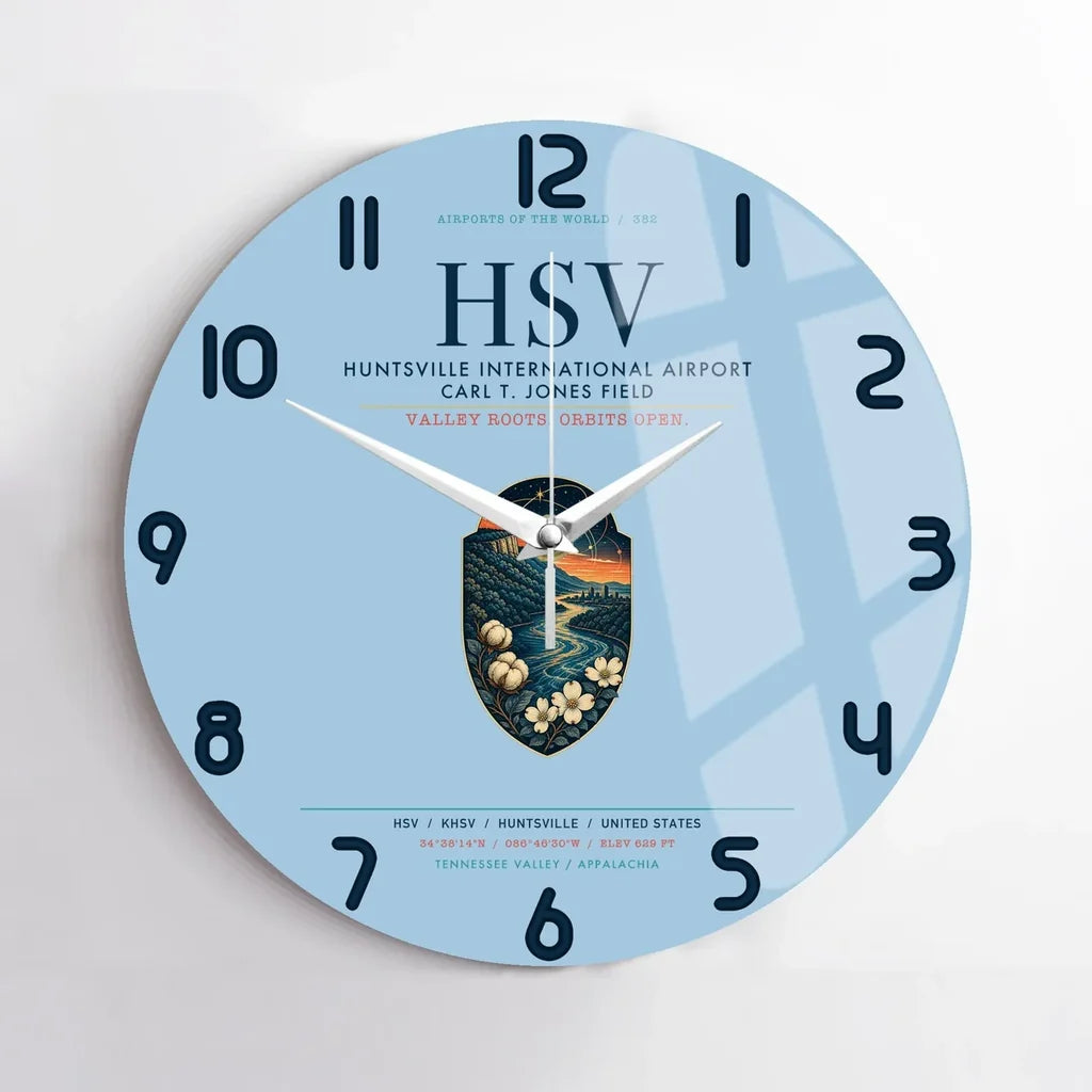 Huntsville International Airport (HSV) design on light blue no frame wall clock