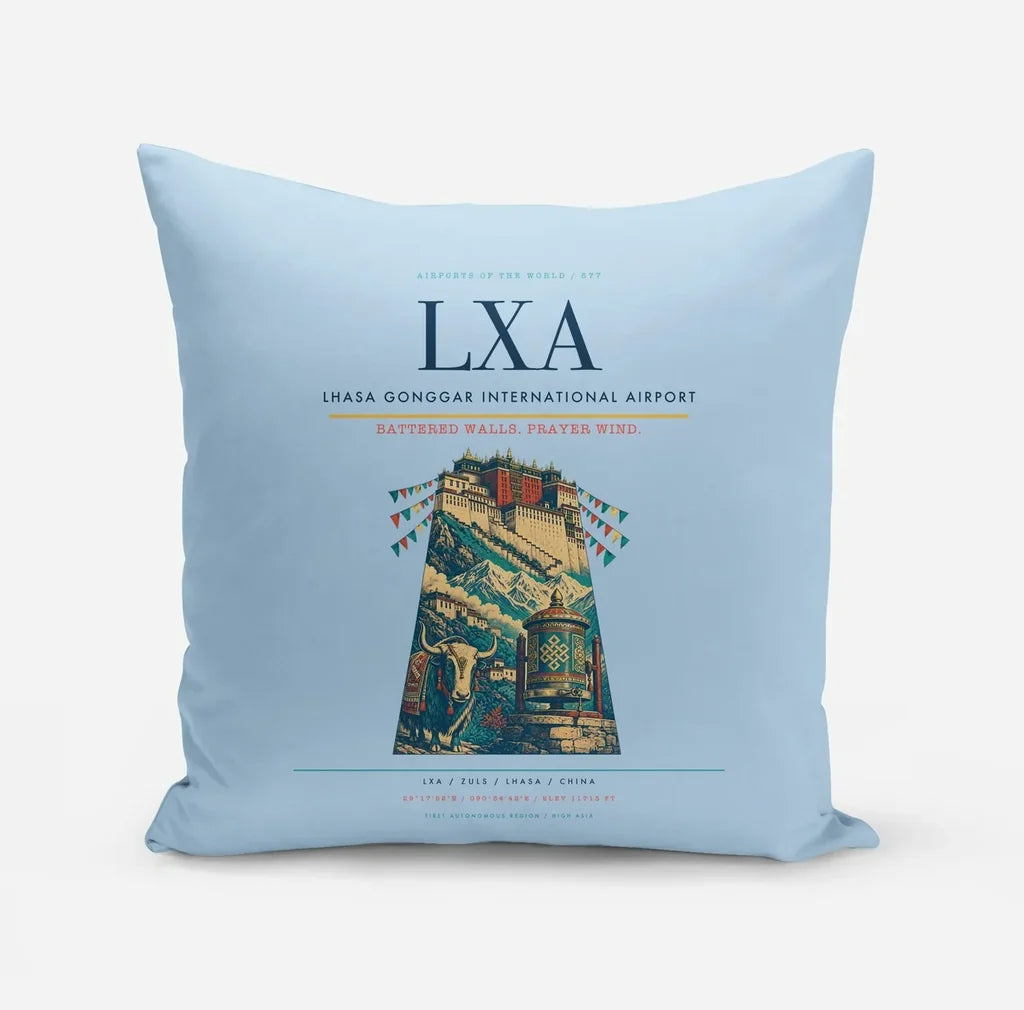 Lhasa Gonggar International Airport (LXA) design on light blue pillow