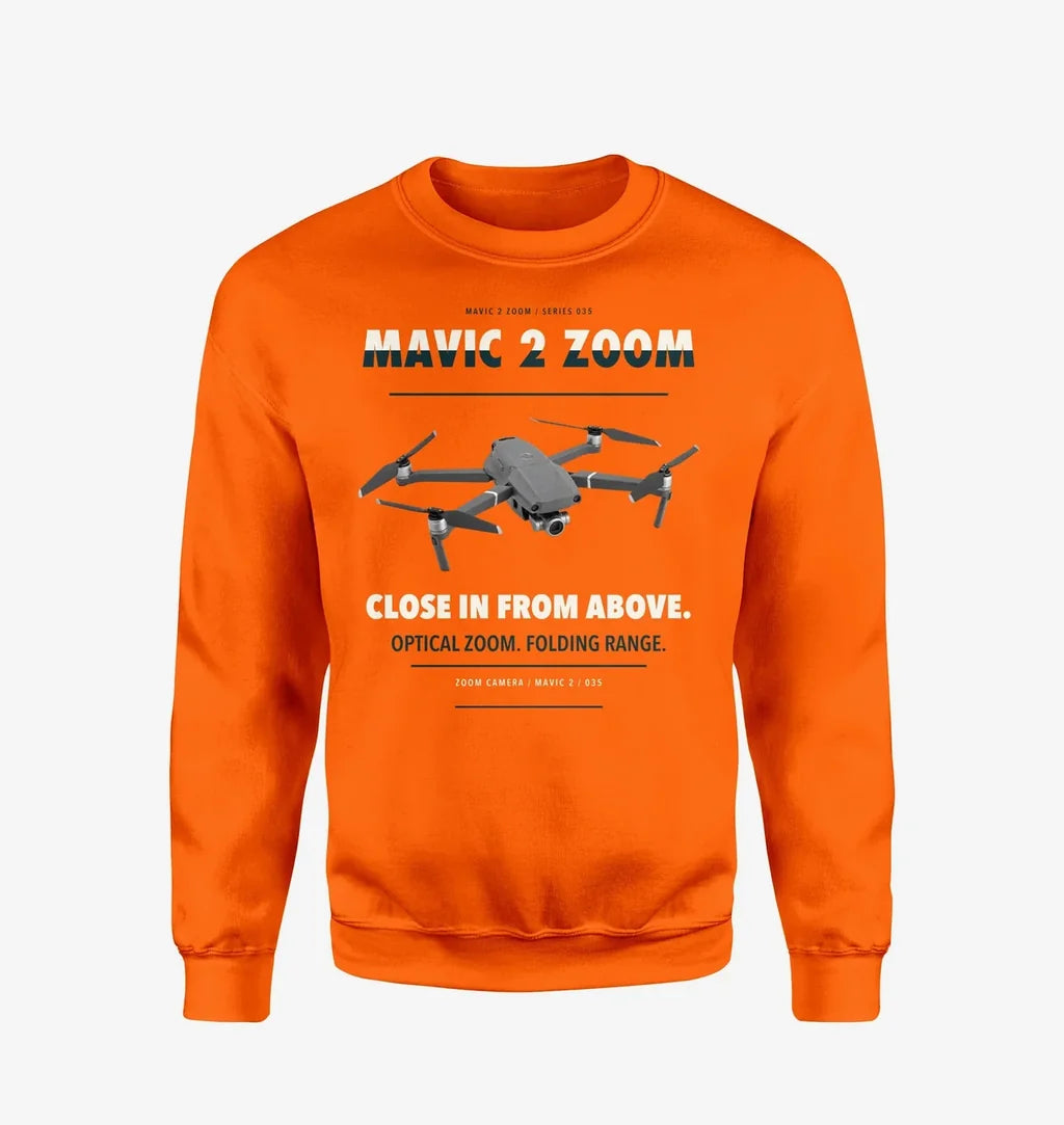 DJI Mavic 2 Zoom design on orange sweatshirt