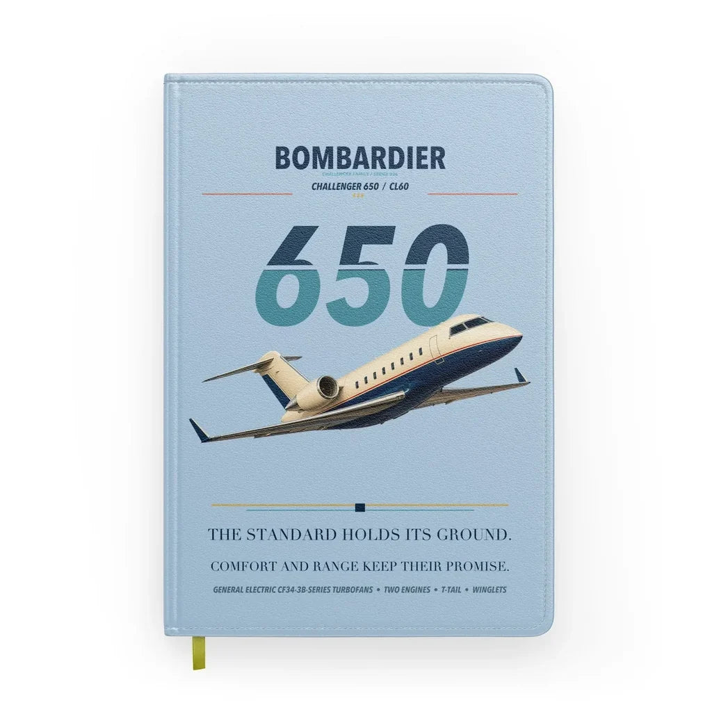 Bombardier Challenger 650 design on light blue notebook