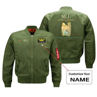 Thumbnail for Monroe Regional Airport (MLU) design on green bomber jacket with custom name patch