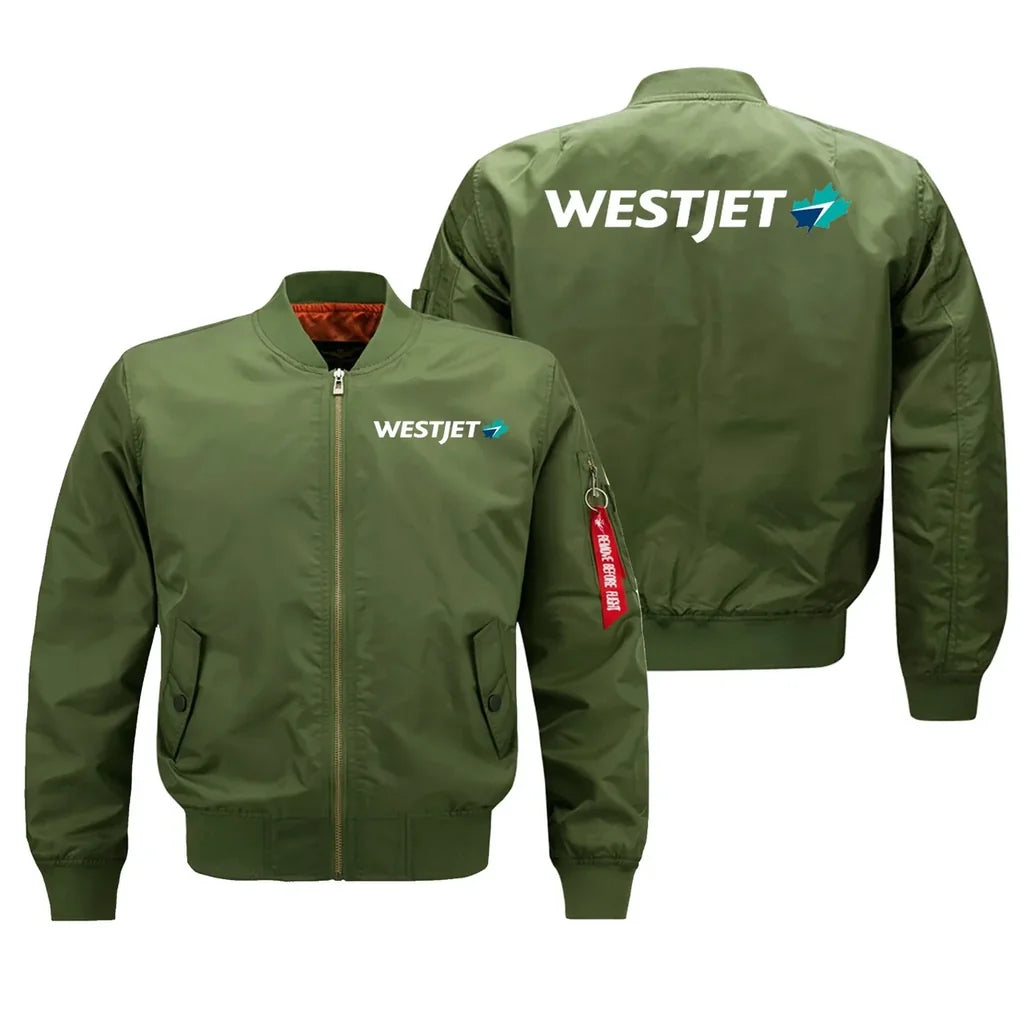 WestJet Airlines logo on green bomber jacket