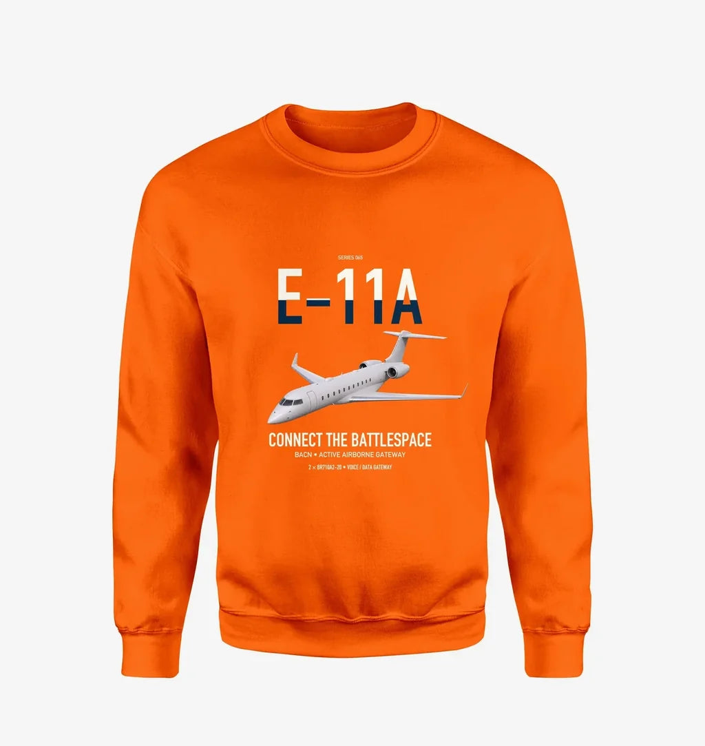 E-11A BACN design on orange sweatshirt