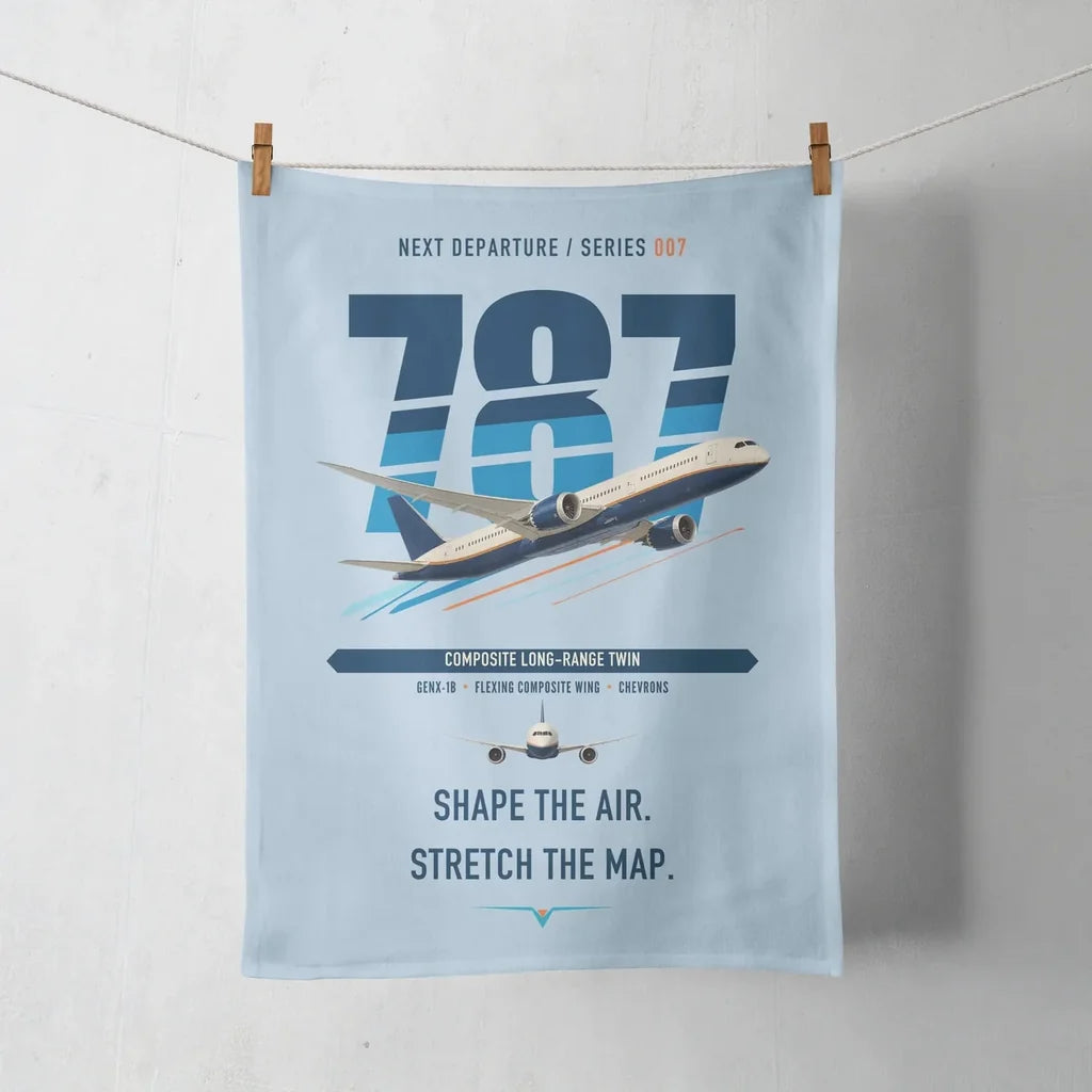 Boeing 787-9 Dreamliner design on light blue towel
