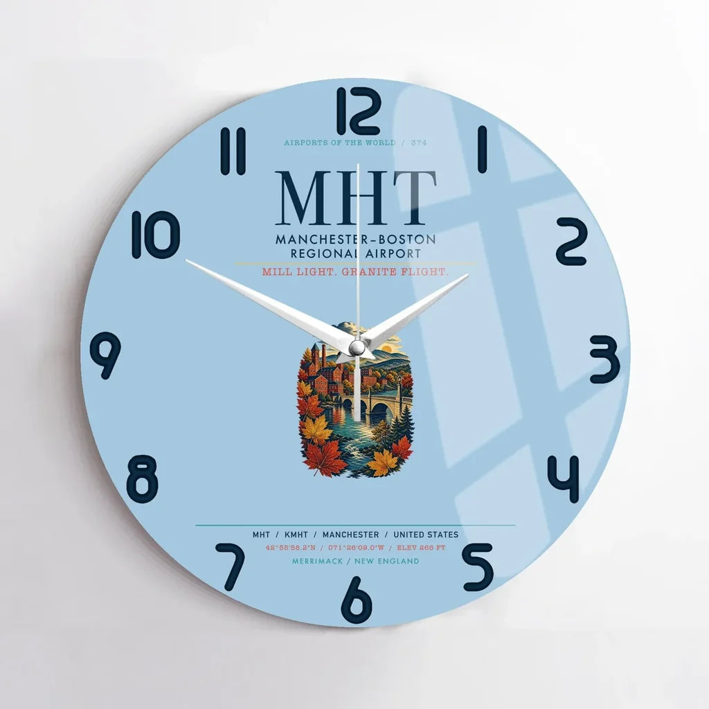 Manchester–Boston Regional Airport (MHT) design on light blue no frame wall clock