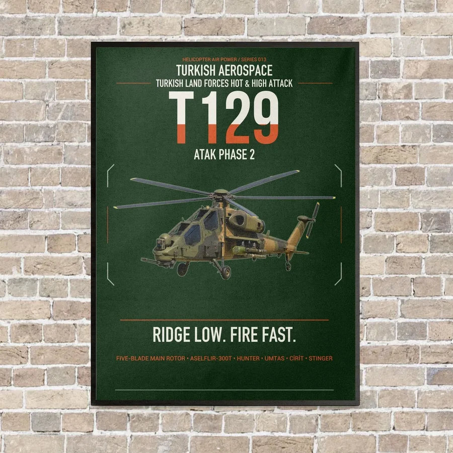 Turkish Aerospace T129 ATAK Phase 2 vertical canvas print - framed - dark green background
