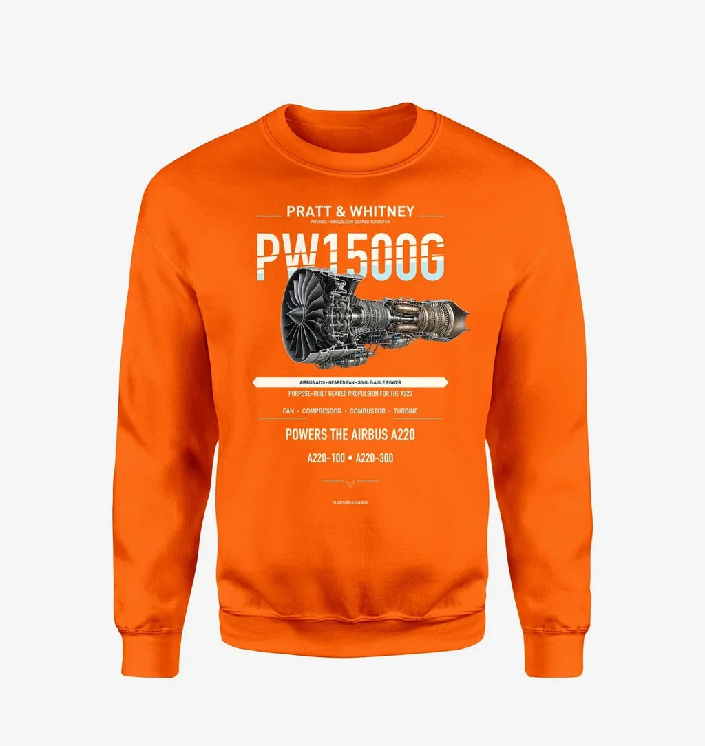 PW1500G design on orange sweatshirt