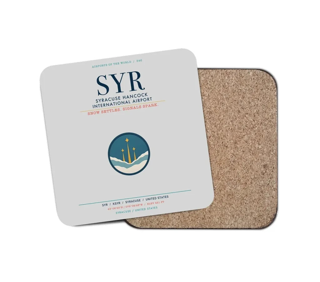 Syracuse Hancock International Airport (SYR) design on light gray 1 piece coaster