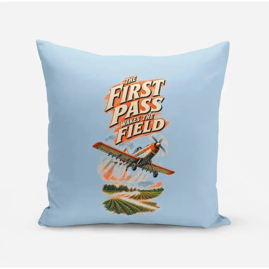 The First Pass Wakes The Field design on light blue pillow