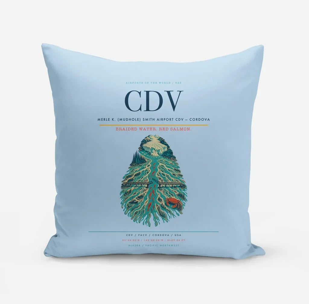 Merle K. (Mudhole) Smith Airport (CDV) design on light blue pillow