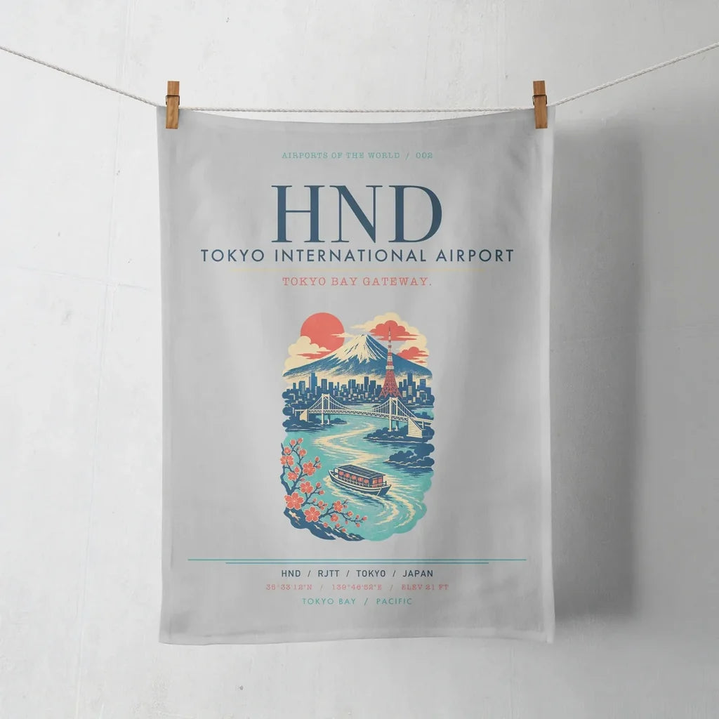 Tokyo Haneda Airport (HND) design on light gray towel