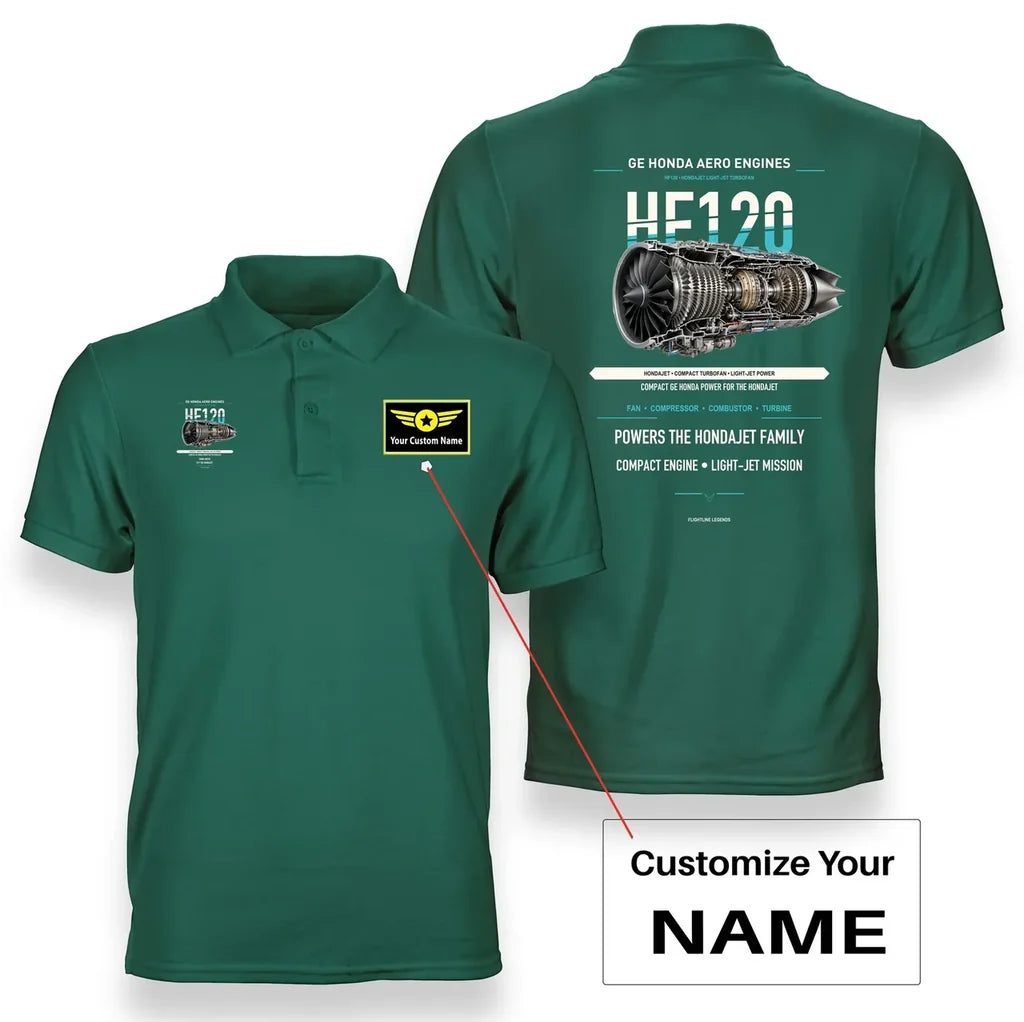 HF120 design on green polo with custom name badge