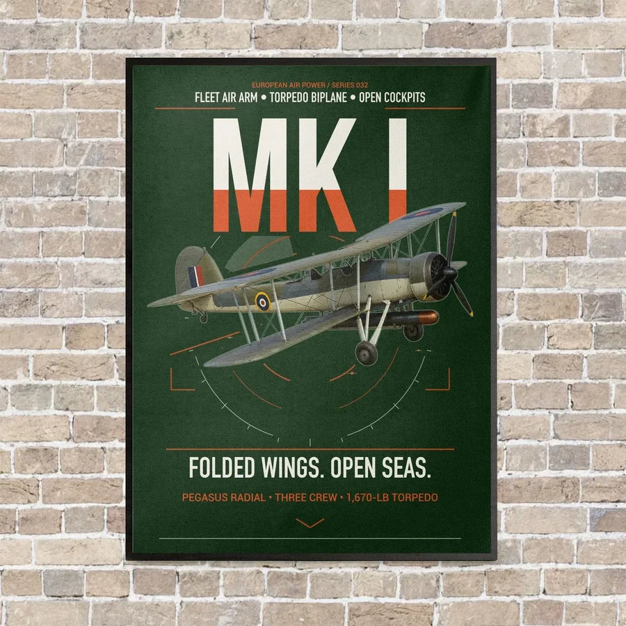Fairey Swordfish Mk I vertical canvas print - framed - dark green background