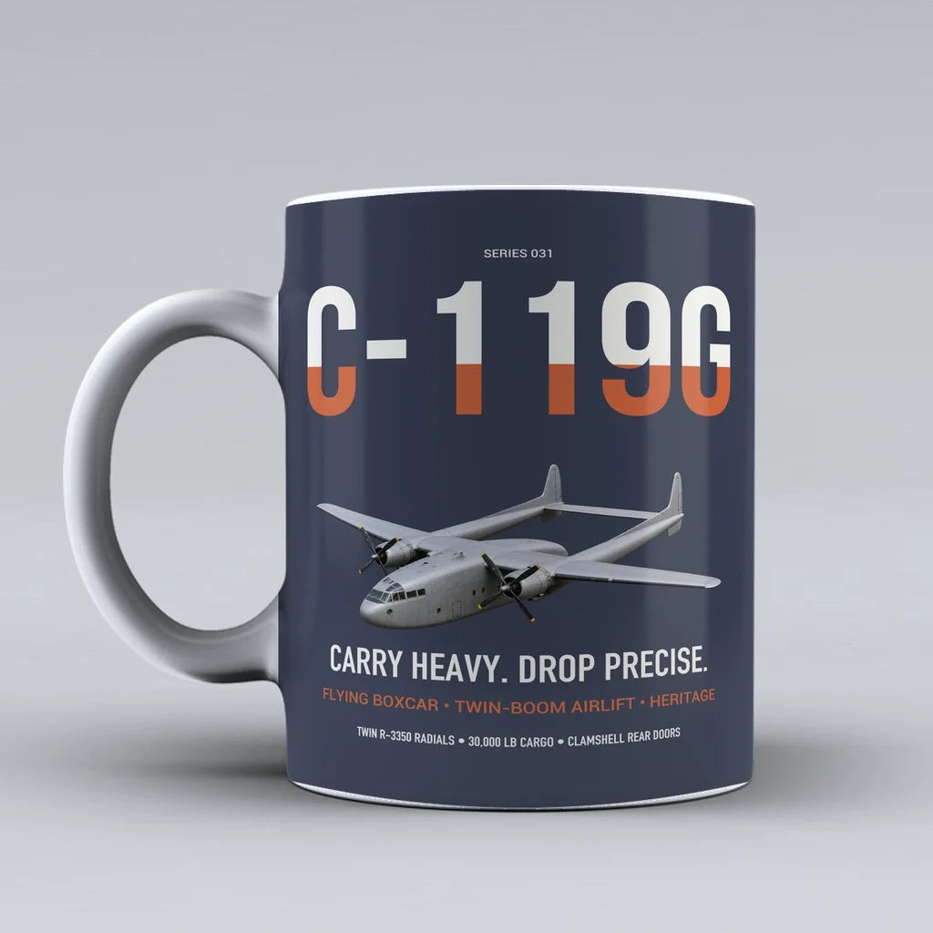 C-119G Flying Boxcar design on dark blue ceramic mug, double-side print