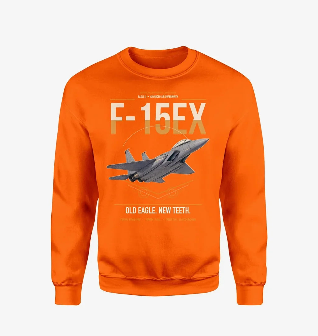 F-15EX Eagle II design on orange sweatshirt