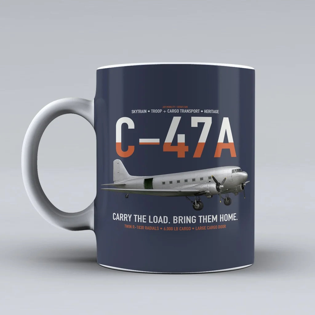 C-47A Skytrain design on dark blue ceramic mug, double-side print