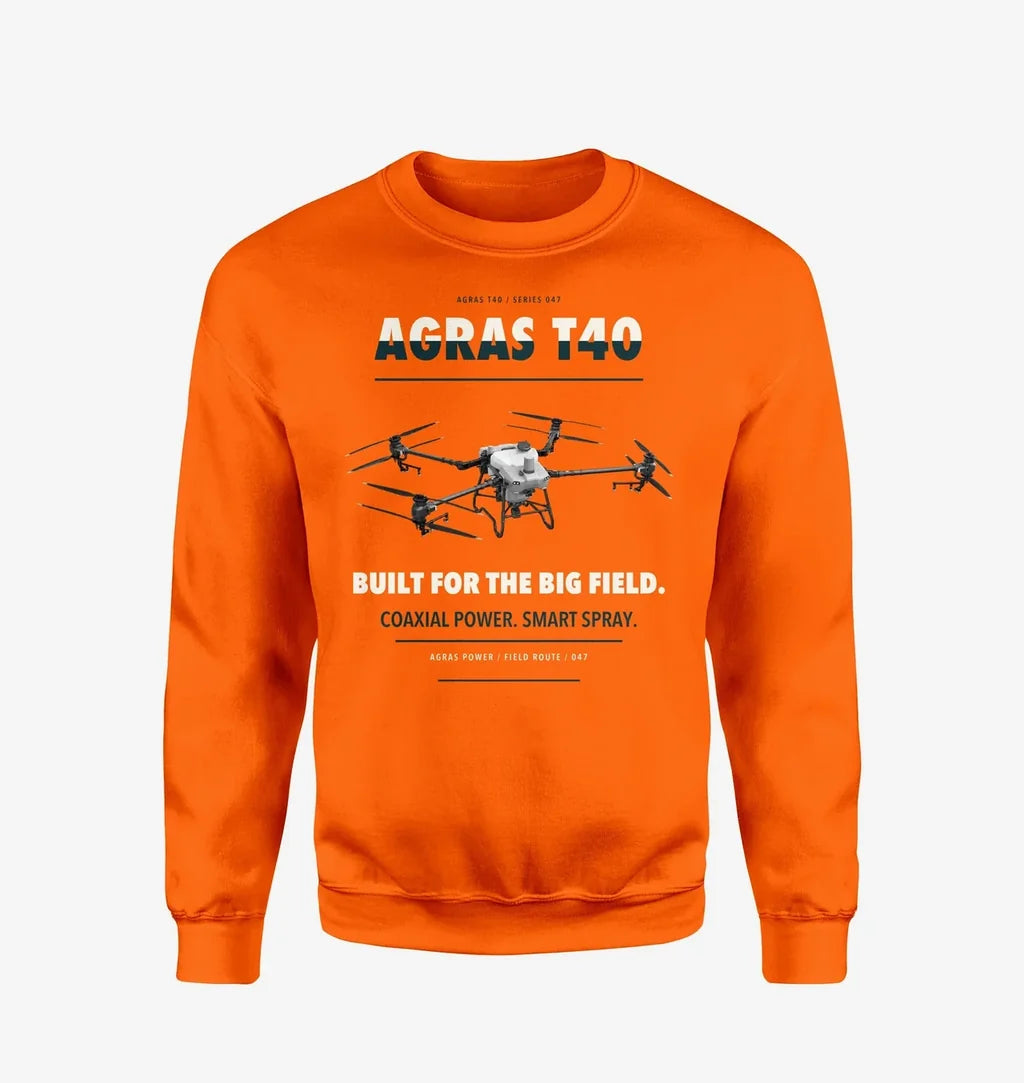 DJI Agras T40 design on orange sweatshirt