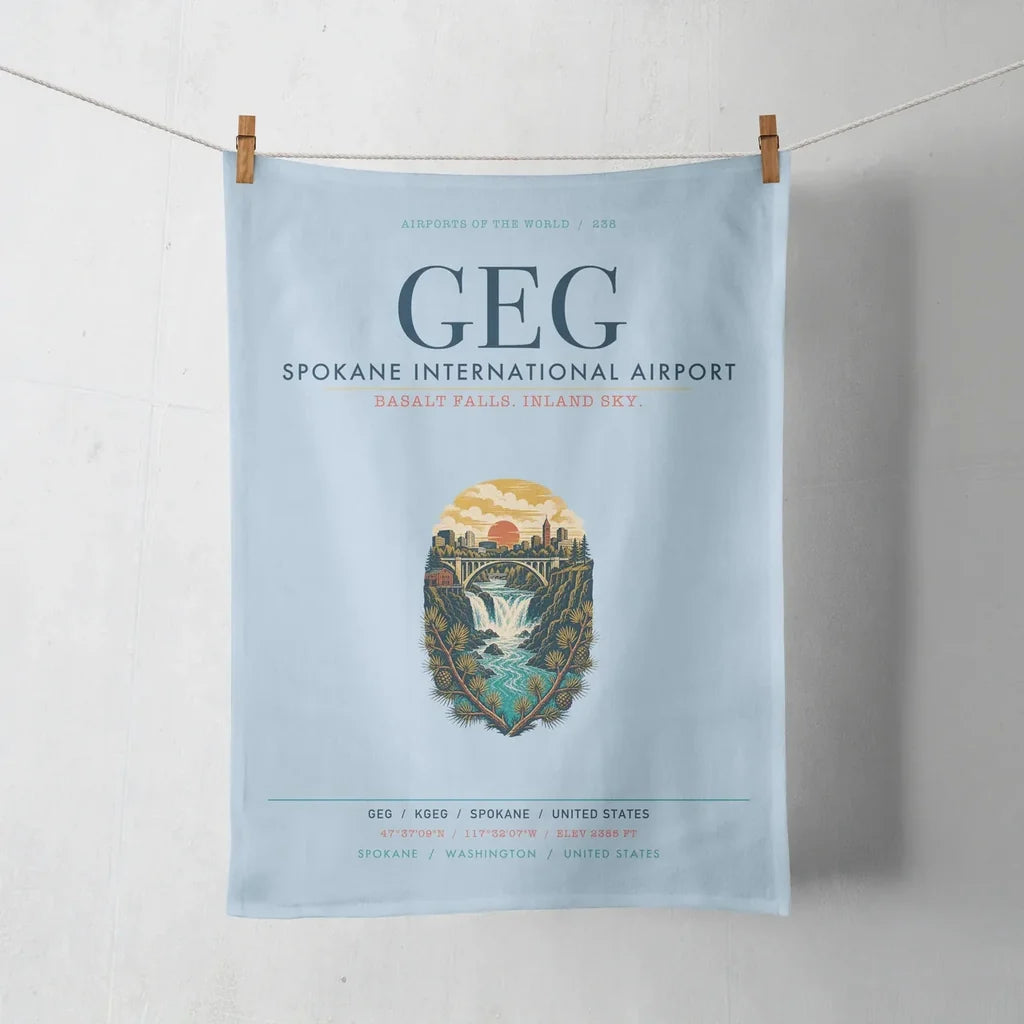 Spokane International Airport (GEG) design on light blue towel