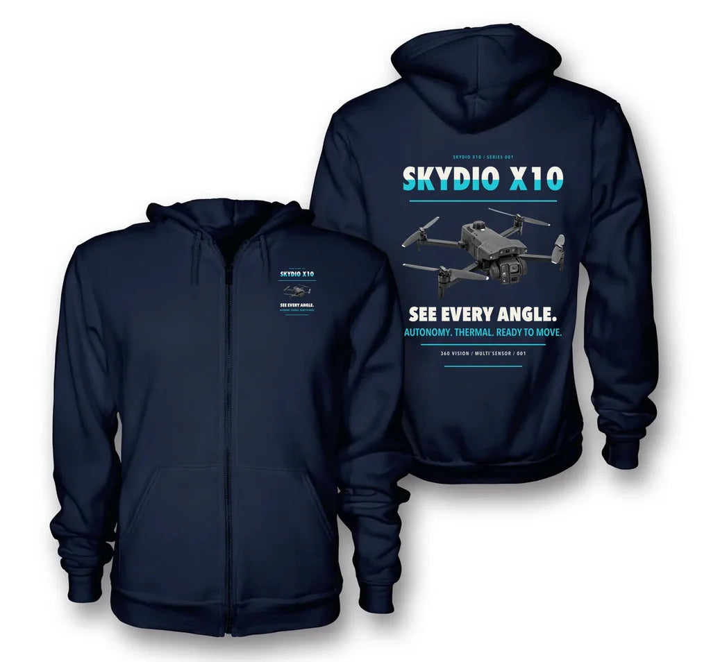 Skydio X10 design on navy blue zipped hoodie