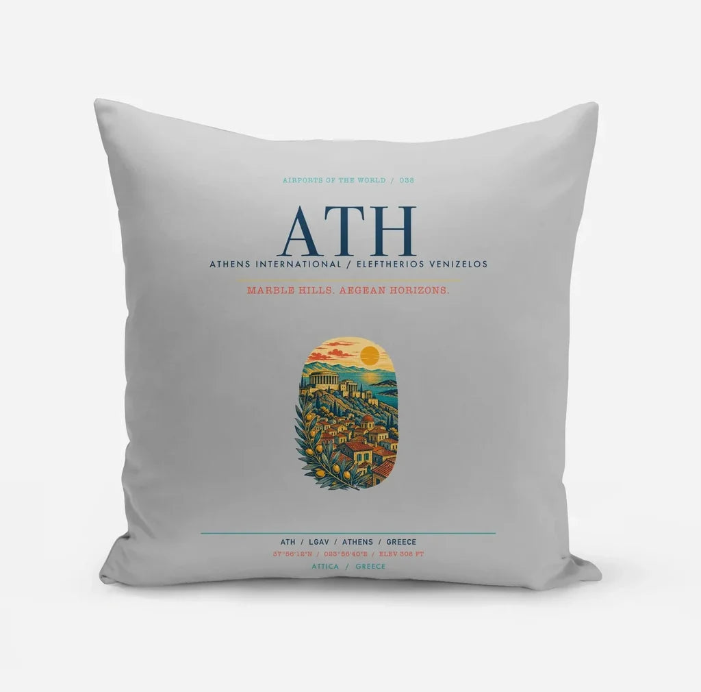Athens International Eleftherios Venizelos Airport (ATH) design on light gray pillow