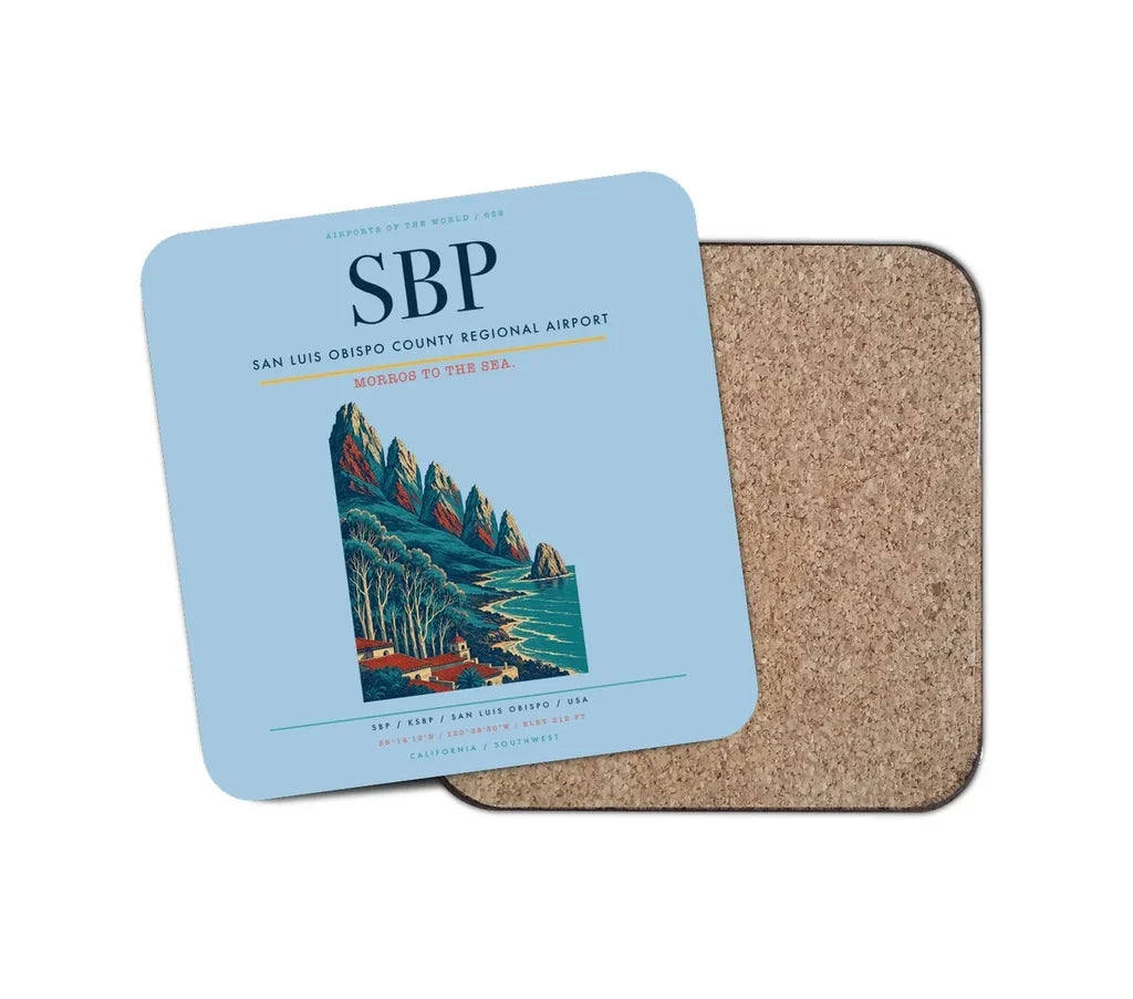 San Luis Obispo County Regional Airport (SBP) design on light blue 1 piece coaster