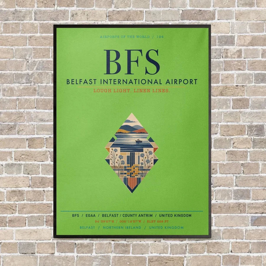Belfast International Airport BFS vertical canvas print - framed - light green background