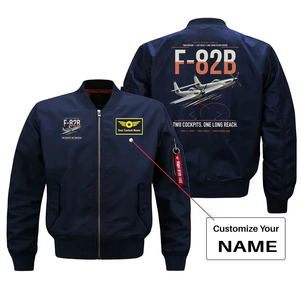 F-82B Twin Mustang design on blue bomber jacket with custom name