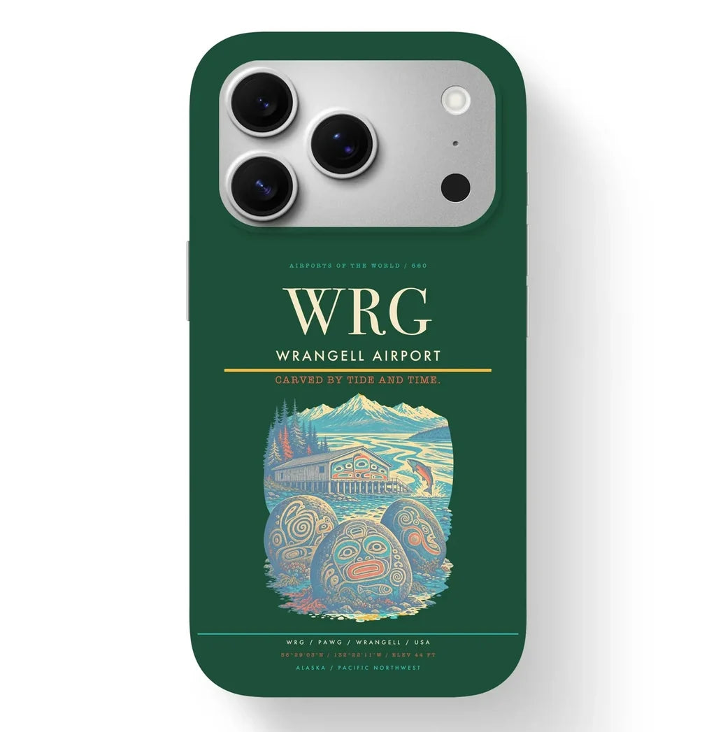 Wrangell Airport (WRG) design on dark green iPhone 17 Pro MagSafe case